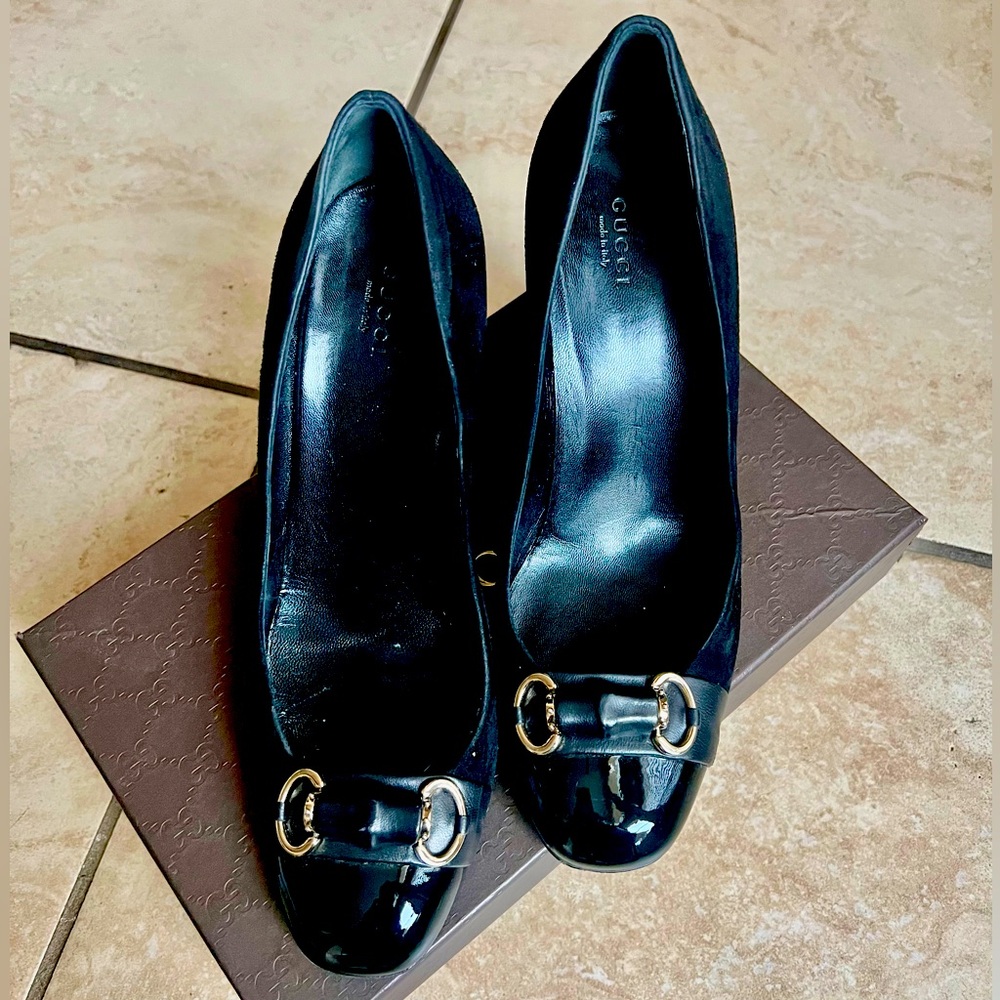 Gucci Black Suede Heels with Horsebit buckle in Box